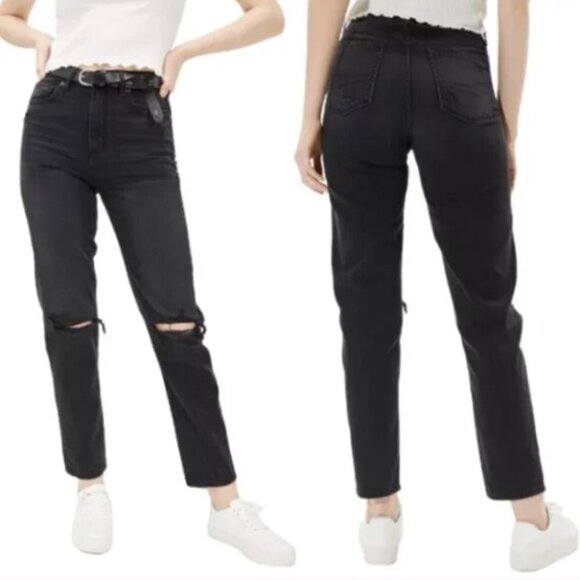 American Eagle Outfitters Denim - American Eagle Womens Ripped Mom Straight Jean Faded Black High Waisted  Size 4